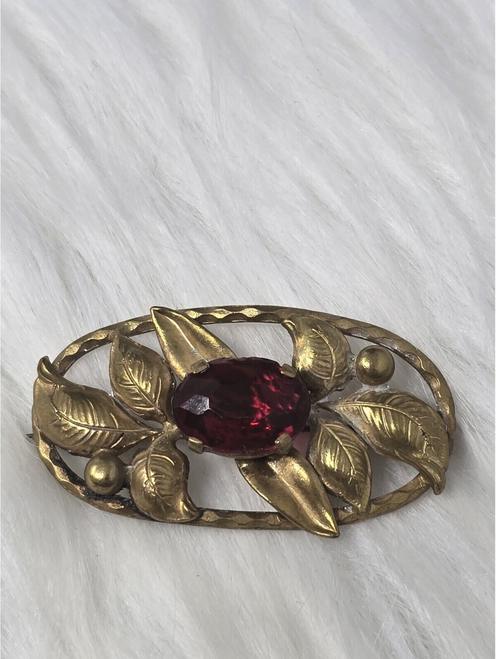 Antique Art Nouveau Leaf Brooch Gilt Brass Red Glass Stone